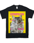 Black Gildan unisex t-shirt featuring a "Catmopolitan" magazine cover design with a fluffy cat.