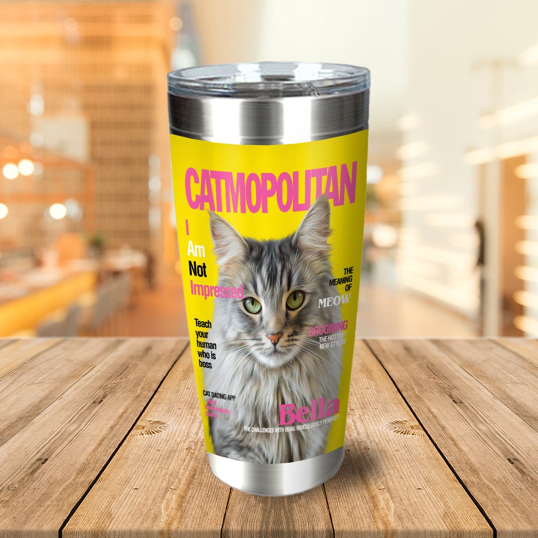 Personalized stainless steel tumbler with a custom cat portrait on a yellow "Catmopolitan" magazine cover design.