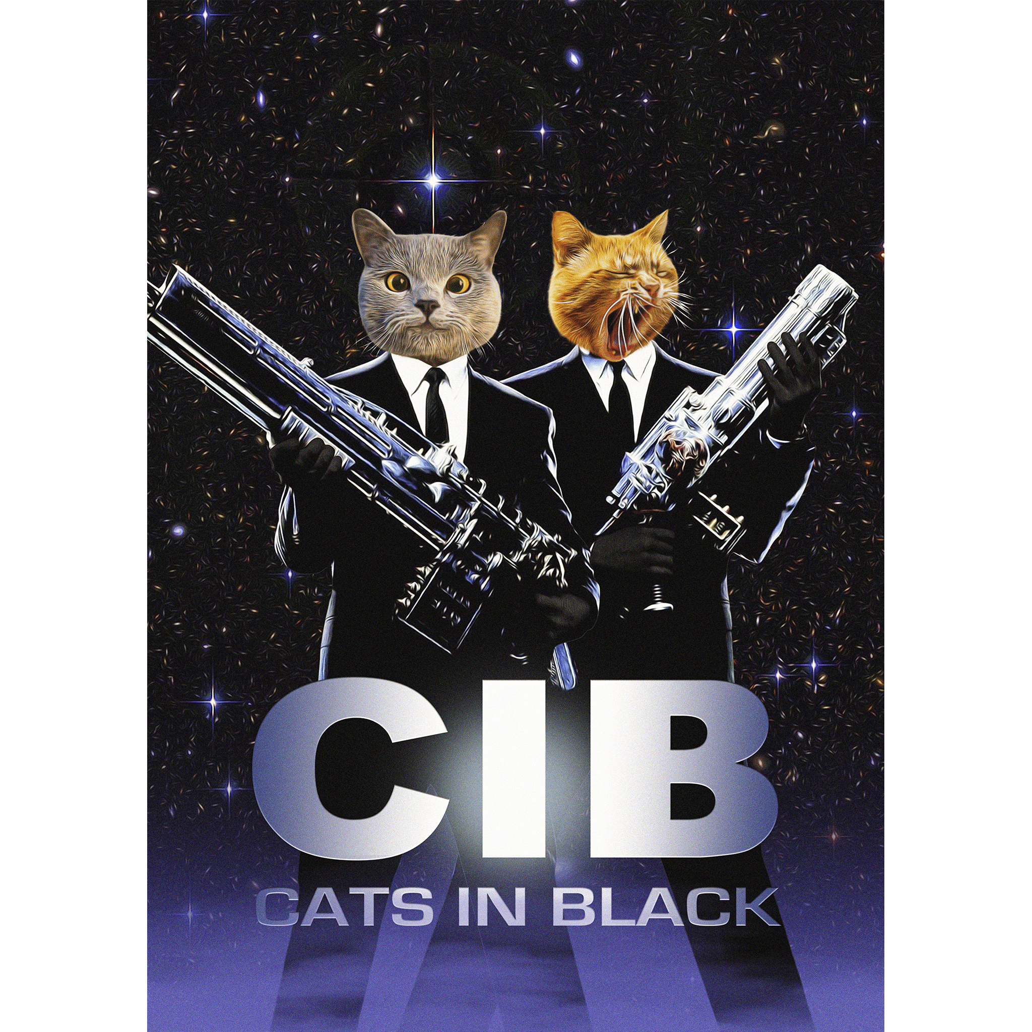 Custom 'Cats in Black' digital portrait featuring two personalized pet faces on agents in suits.