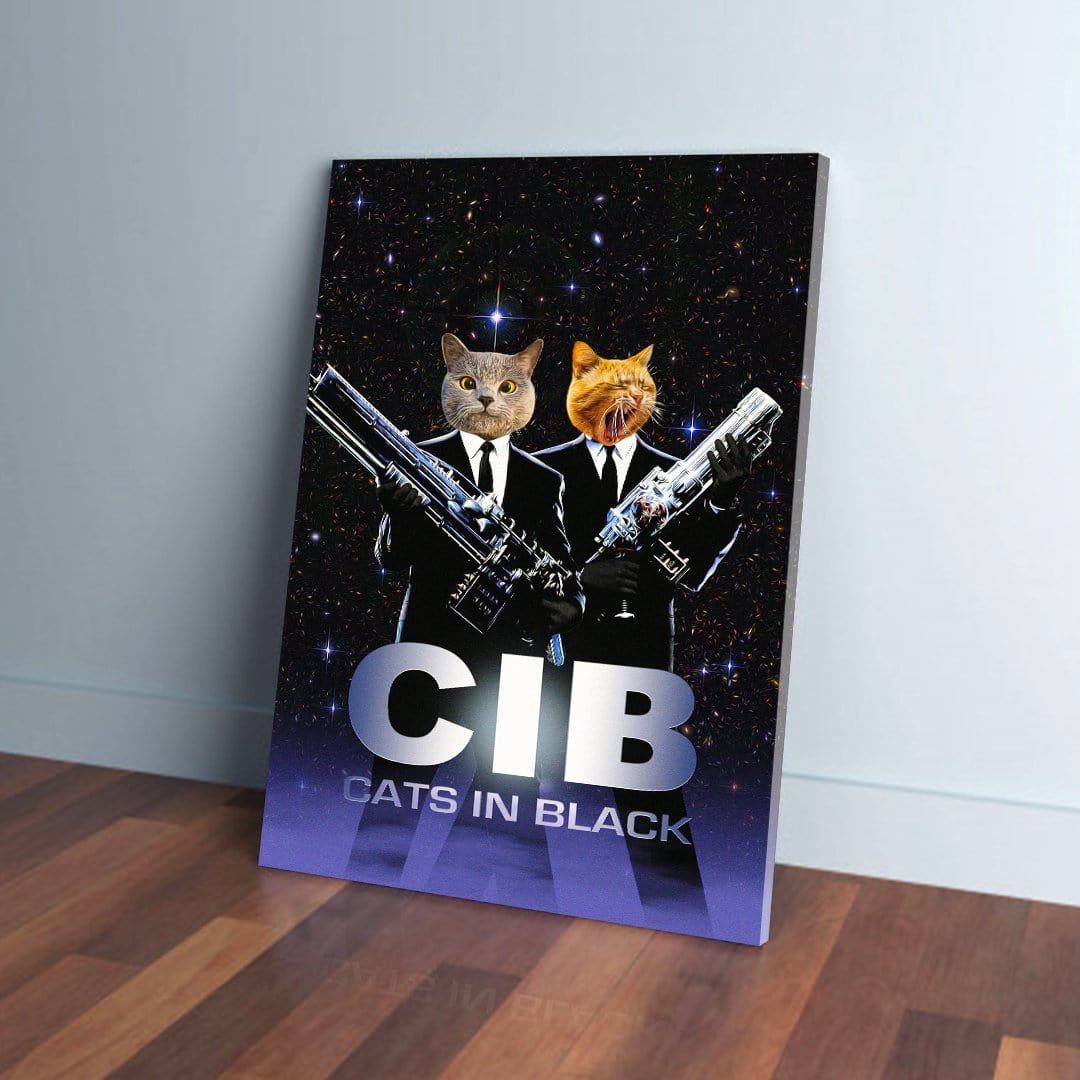 Personalized 'Cats in Black' canvas featuring two pets in suits holding futuristic guns against a starry background.