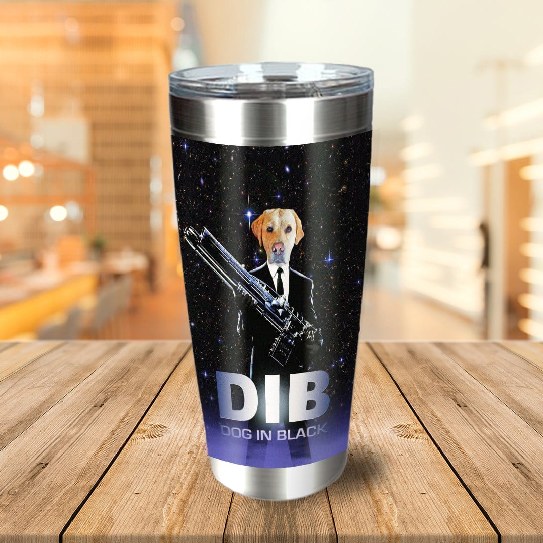 Personalized stainless steel tumbler with a custom dog portrait in a black suit, "DIB Dog in Black" text.