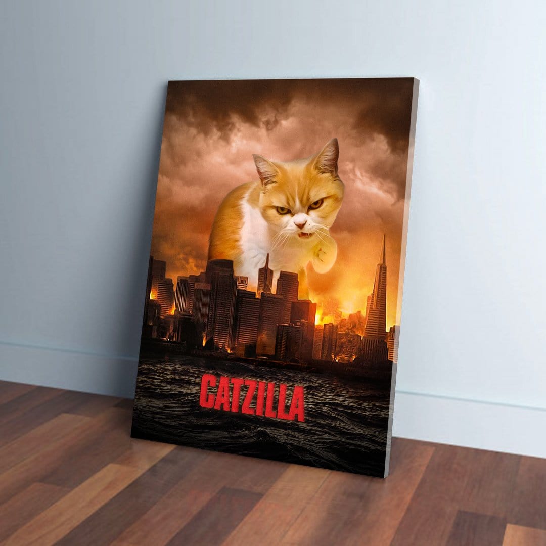 Personalized 'Catzilla' canvas: a giant ginger and white cat towers over a city at sunset.