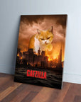Personalized 'Catzilla' canvas: a giant ginger and white cat towers over a city at sunset.
