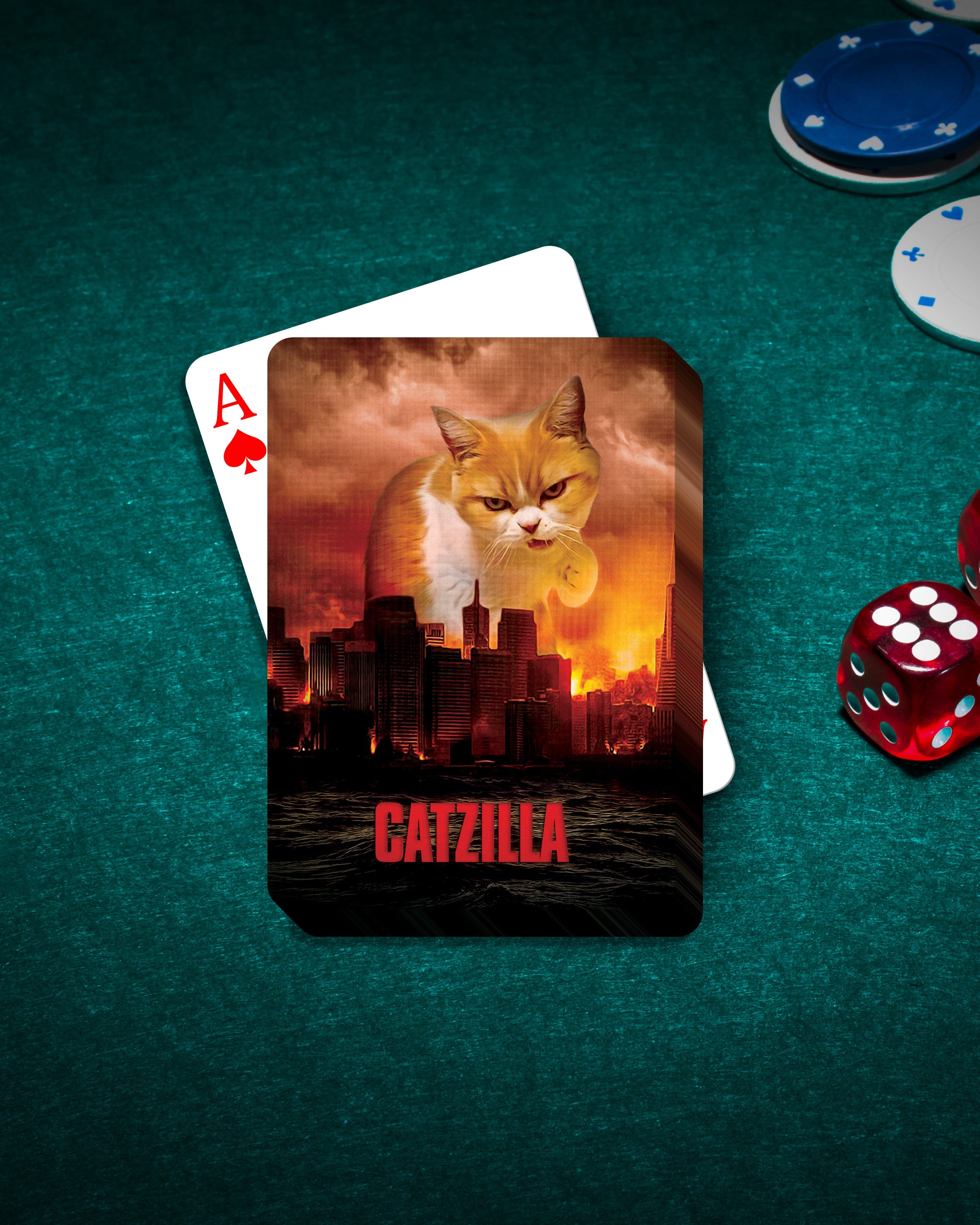 Personalized 'Catzilla' playing card featuring a custom pet portrait of an orange and white cat over a city.