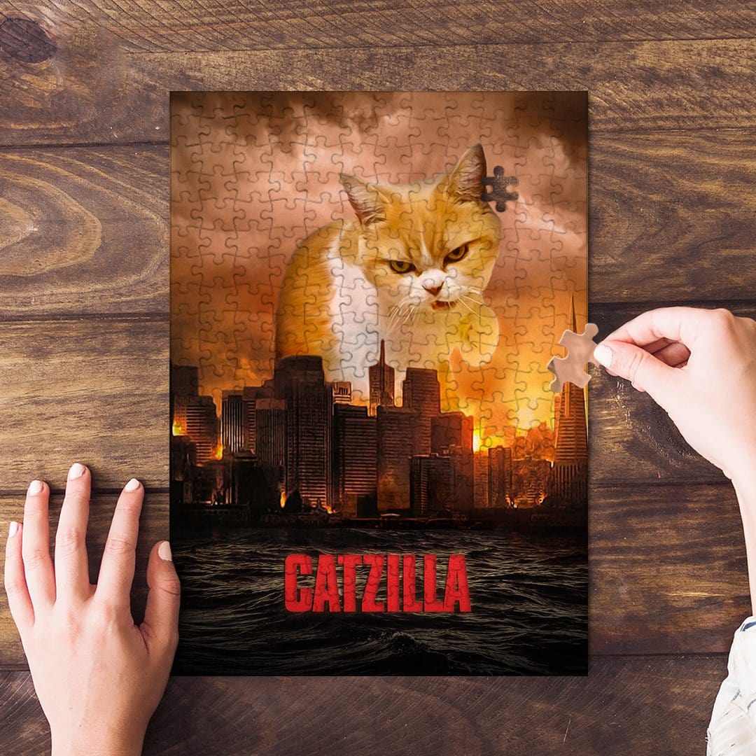 Personalized 'Catzilla' pet puzzle featuring a giant ginger cat over a city skyline at sunset.