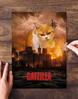 Personalized 'Catzilla' pet puzzle featuring a giant ginger cat over a city skyline at sunset.