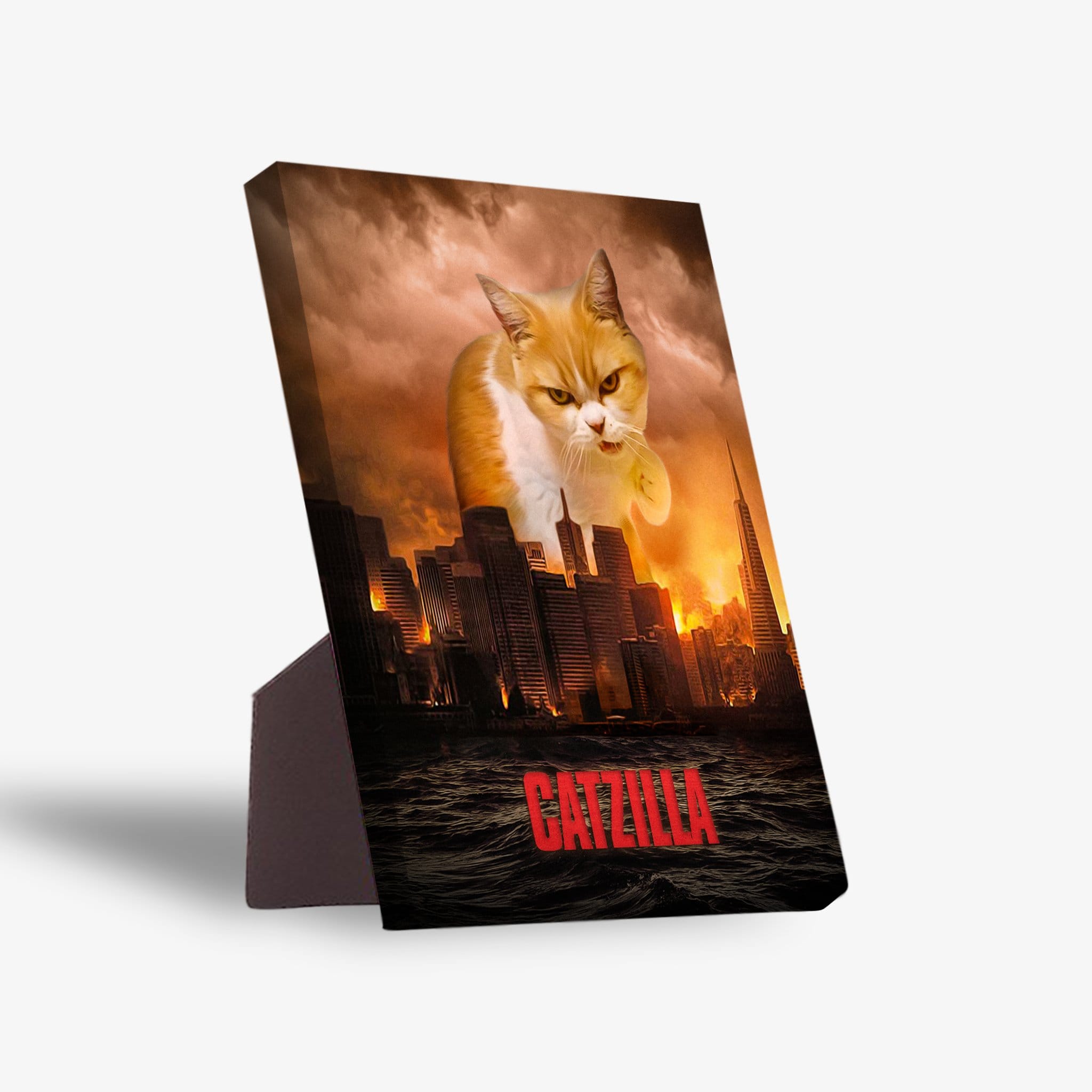 Personalized Catzilla standing canvas featuring a cat towering over a city skyline at sunset.