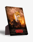 Personalized Catzilla standing canvas featuring a cat towering over a city skyline at sunset.