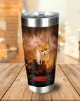 Personalized stainless steel tumbler with a "Catzilla" cat portrait over a city skyline at sunset.
