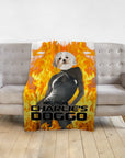 Personalized pet blanket with a Doggovinci portrait of a white dog on a fiery background.