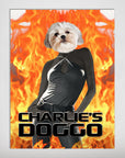 Personalized pet poster featuring a Shih Tzu dog head on a female body in a black outfit against a fiery orange background.
