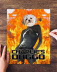 Personalized pet puzzle featuring a white dog's head on a figure in a black outfit against a fiery background.