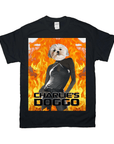 Black Gildan t-shirt featuring a personalized pet design: a dog's head on a woman's body with a fiery background.