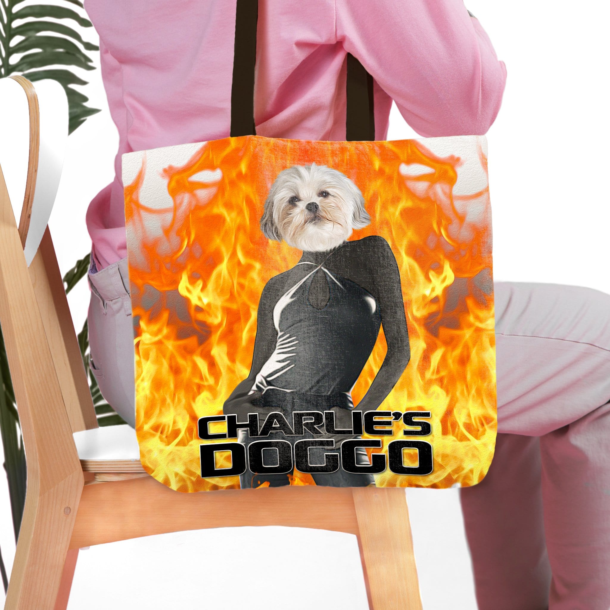 Personalized tote bag with a Shih Tzu dog's head on a figure in a black dress, against a fiery background.