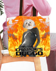 Personalized tote bag with a Shih Tzu dog's head on a figure in a black dress, against a fiery background.