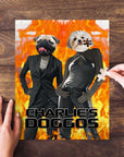 Personalized 2 pet puzzle with dog portraits on human bodies, fiery background, and "Charlie's Doggos" text.
