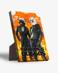 Personalized 2-pet standing canvas featuring a pug and a white dog in suits against a fiery background.