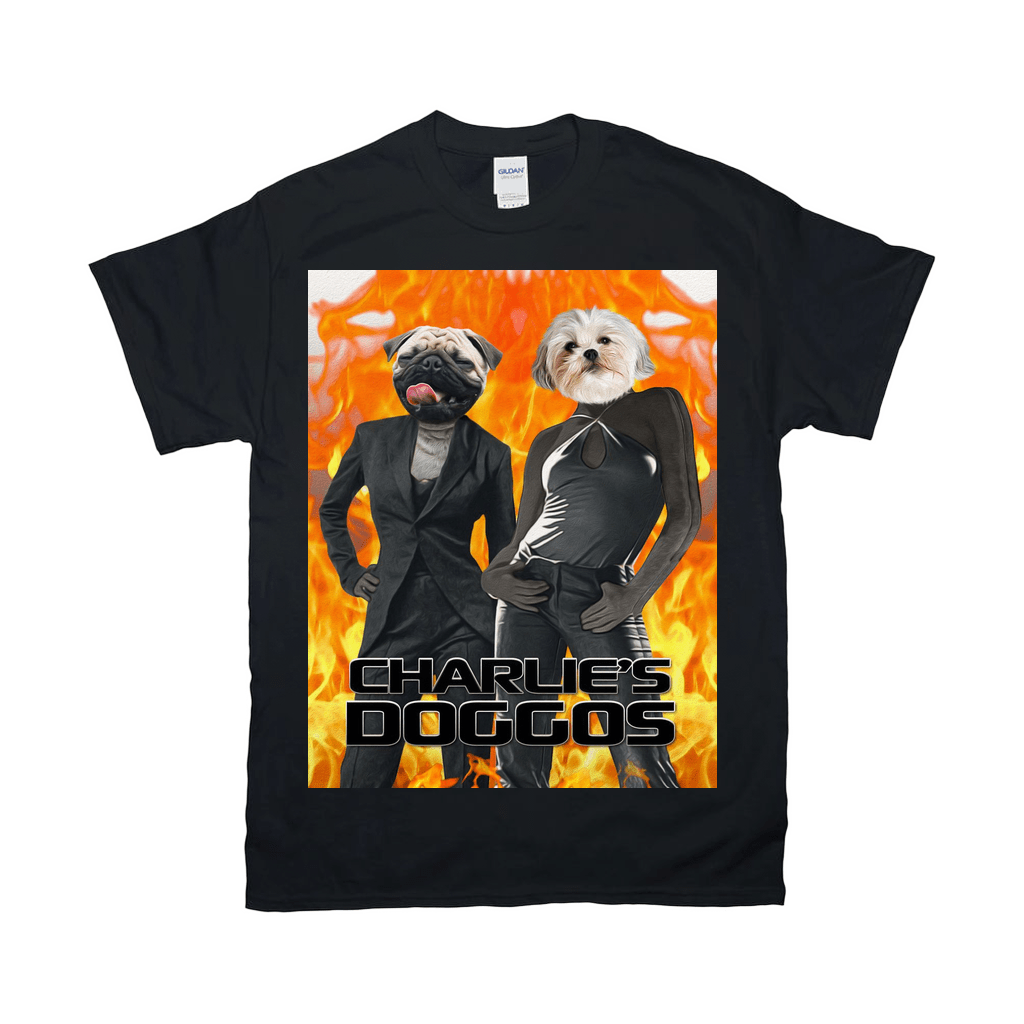 Black Gildan t-shirt featuring two dogs with human bodies, a pug in a suit and a Maltese in a black dress, against a fiery background.