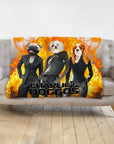 Personalized 3-pet blanket with Doggovinci portraits of a pug, Maltese, and Cavalier King Charles Spaniel on a fiery background.