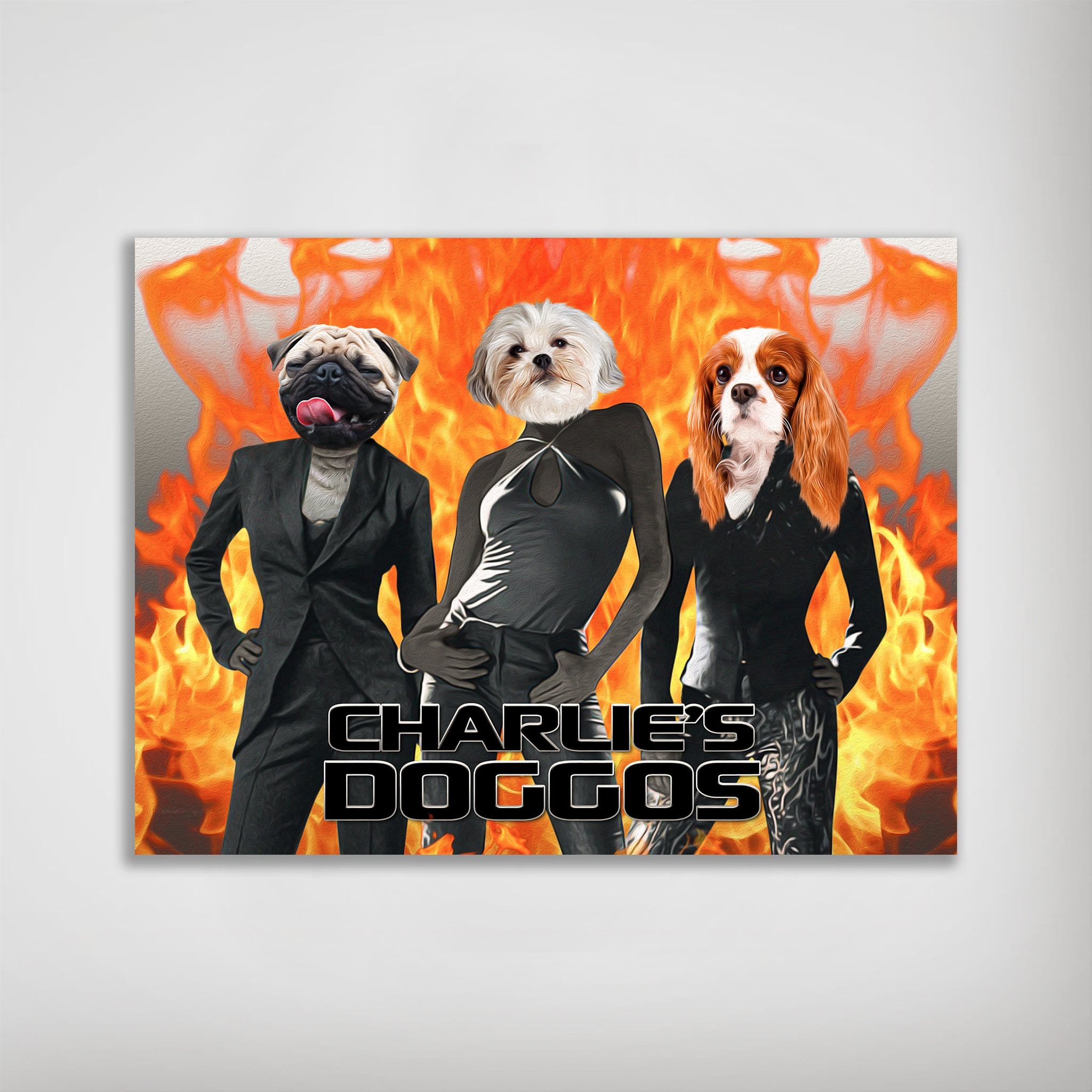 Personalized 3-pet poster featuring a pug, Maltese, and Cavalier King Charles Spaniel in stylish outfits against a fiery background.