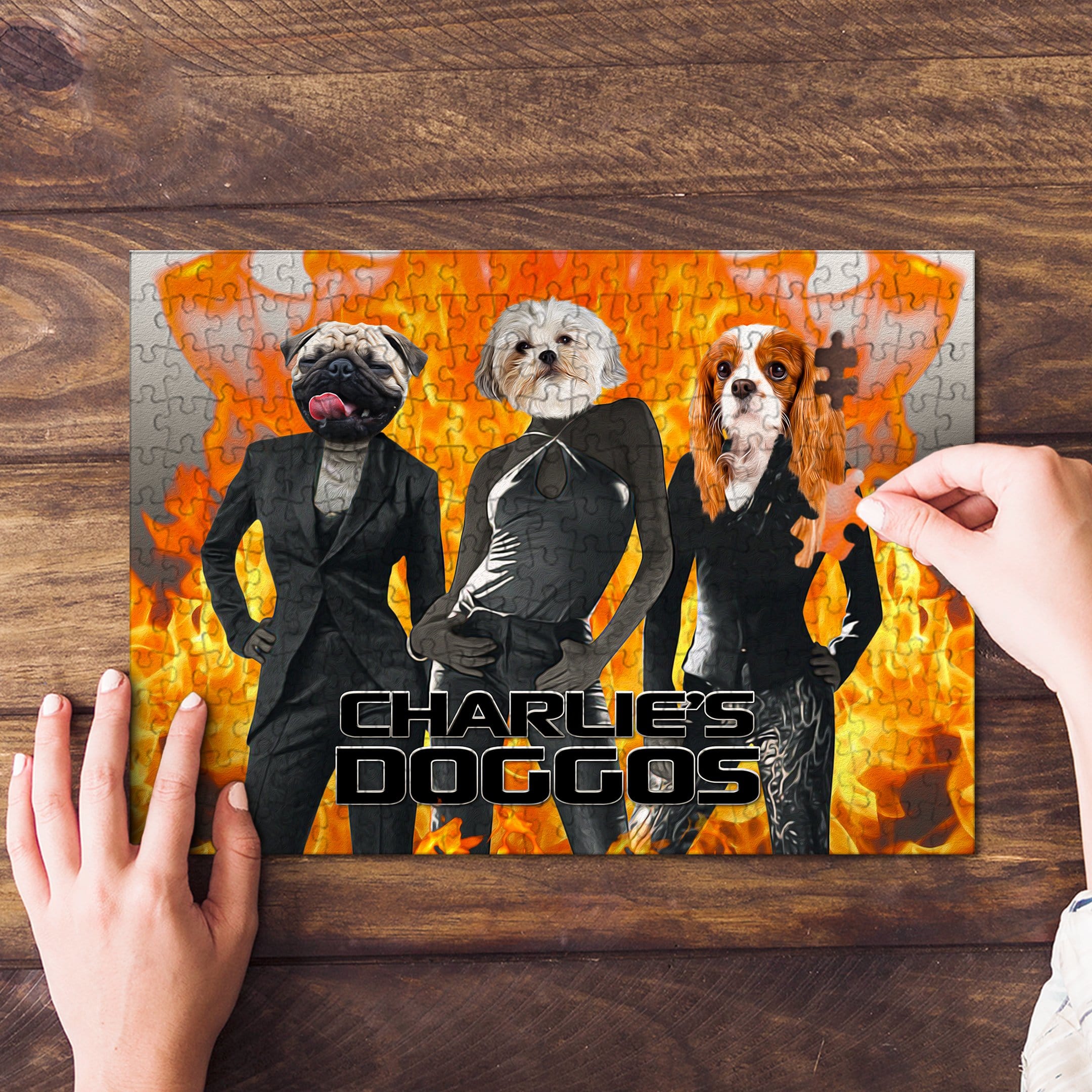 Personalized 3-pet puzzle featuring dogs in suits against a fiery background, with hands assembling it.