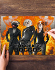 Personalized 3-pet puzzle featuring dogs in suits against a fiery background, with hands assembling it.