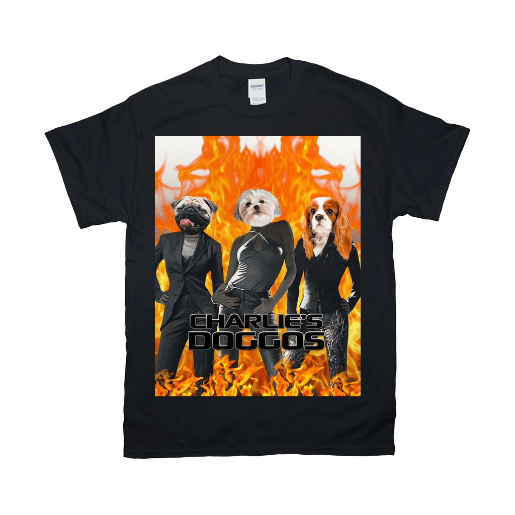 Black Gildan t-shirt with "Charlie's Doggos" design featuring three dogs in suits against a fiery background.