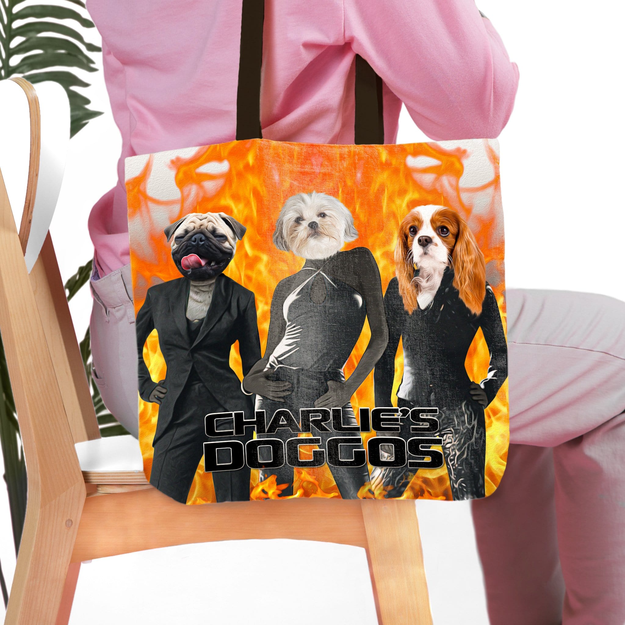 Personalized 3-pet tote bag with dogs in human clothes against a fiery background.
