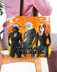 Personalized 3-pet tote bag with dogs in human clothes against a fiery background.