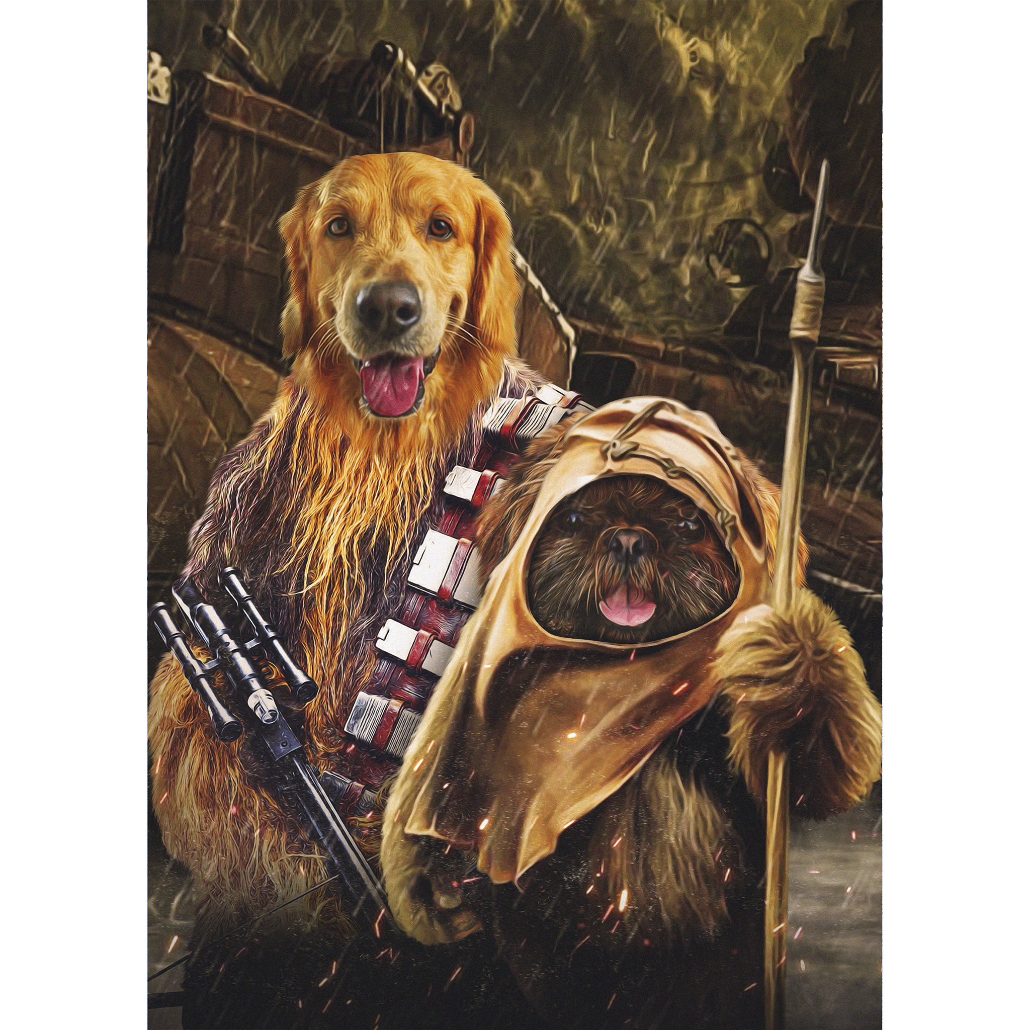 Custom digital portrait of a Golden Retriever as Chewbacca and a small dog as an Ewok.