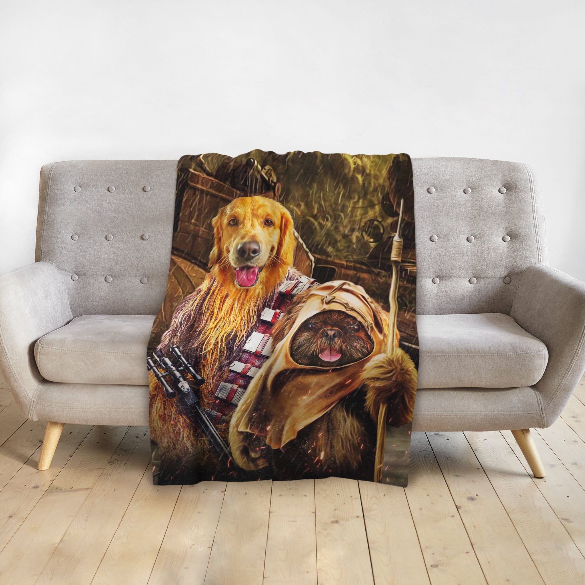 Personalized pet blanket with a golden retriever as Chewbacca and a small dog as an Ewok.
