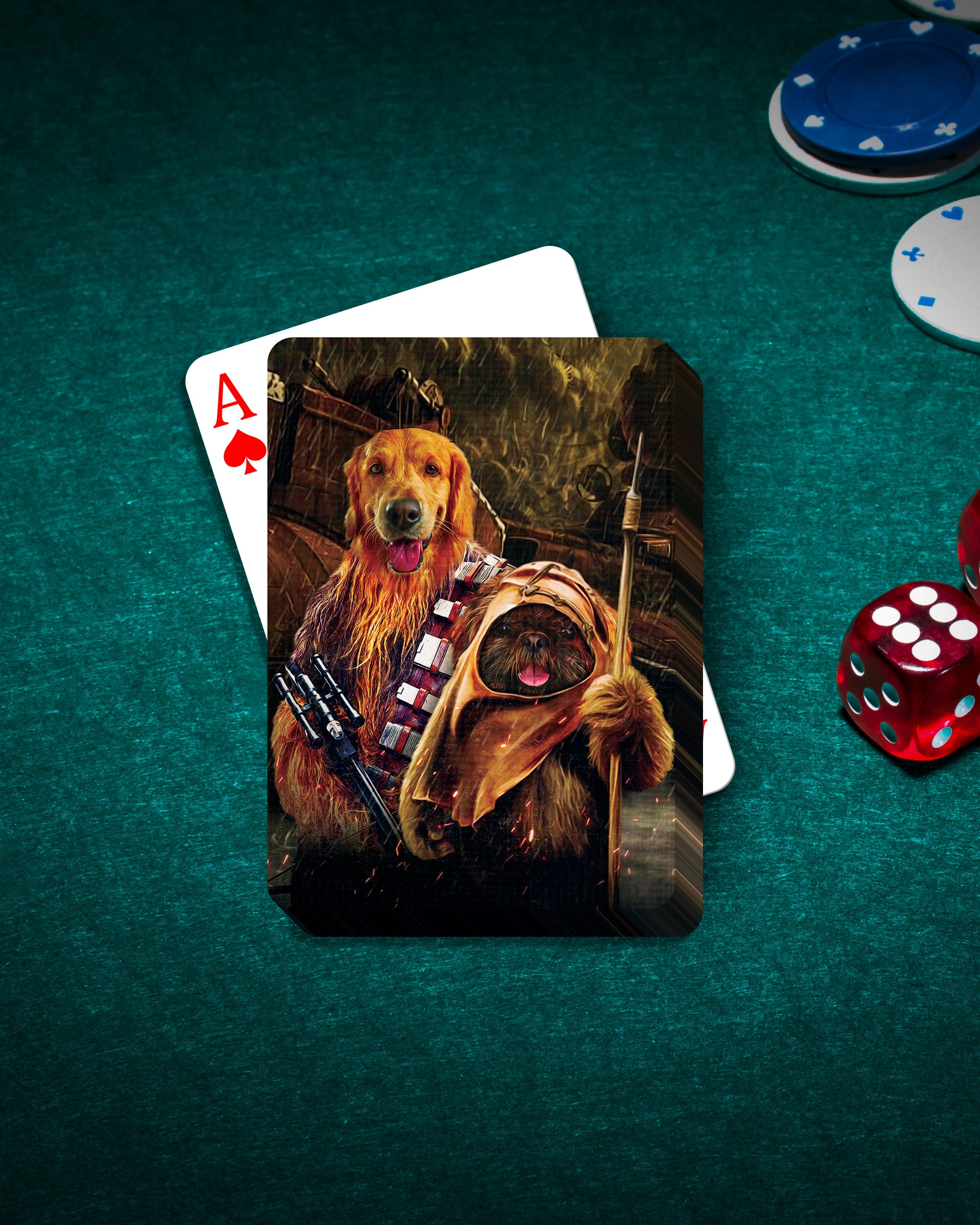 Custom playing cards featuring a golden retriever and a small dog in Star Wars-inspired costumes.