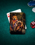 Custom playing cards featuring a golden retriever and a small dog in Star Wars-inspired costumes.