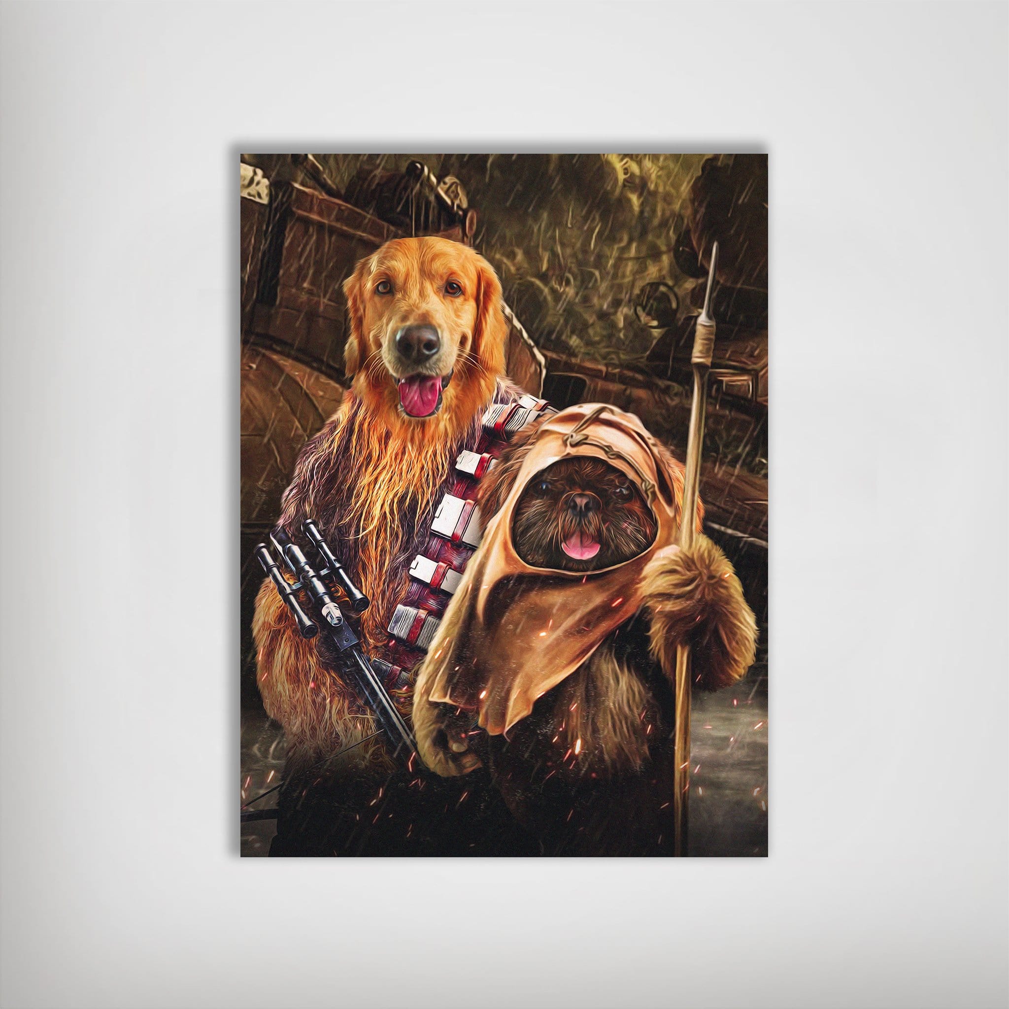 Personalized Chewdogga & Dogg-E-Wok poster featuring a Golden Retriever and a small dog in Star Wars costumes.