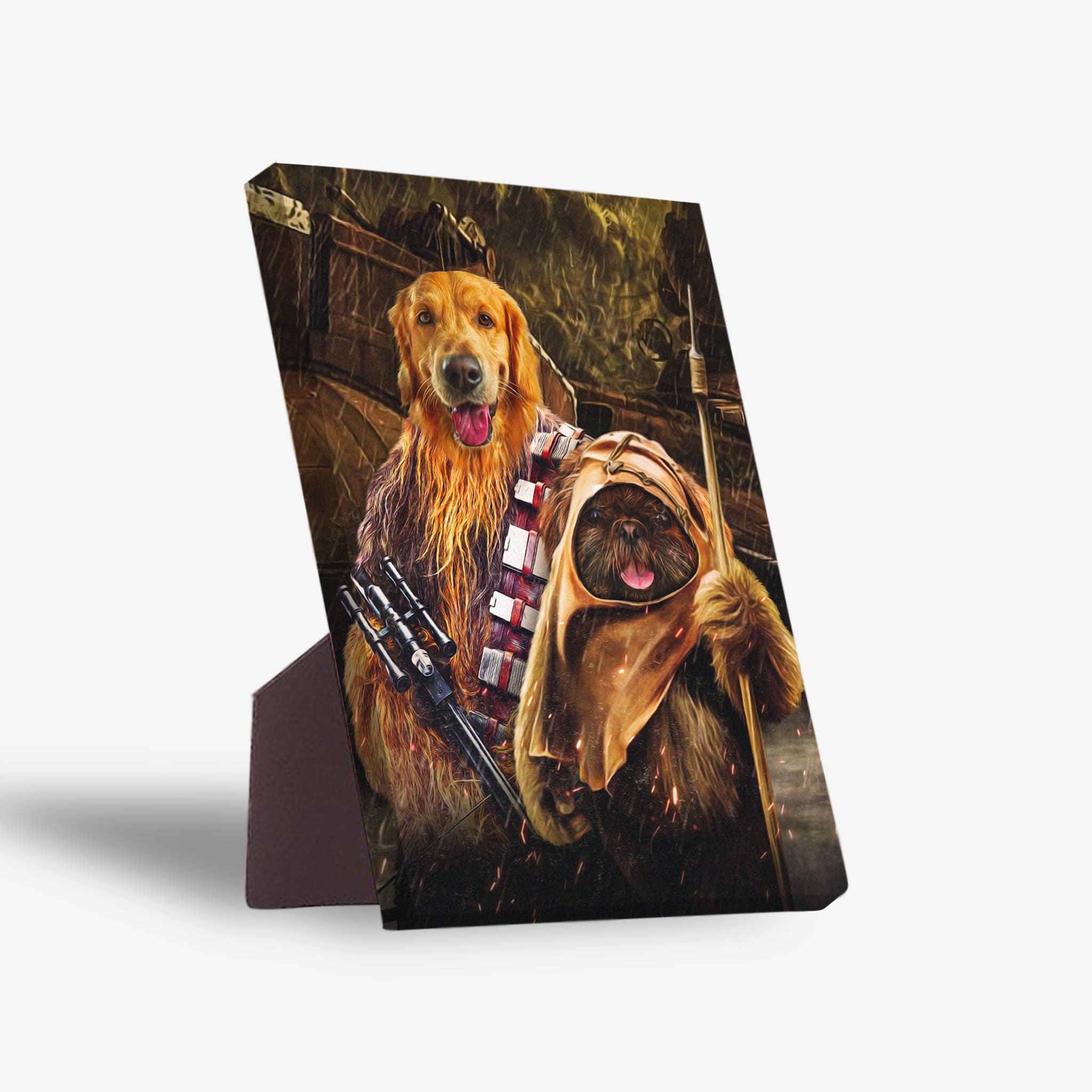 Personalized standing canvas with a Golden Retriever as Chewbacca and a small dog as an Ewok.