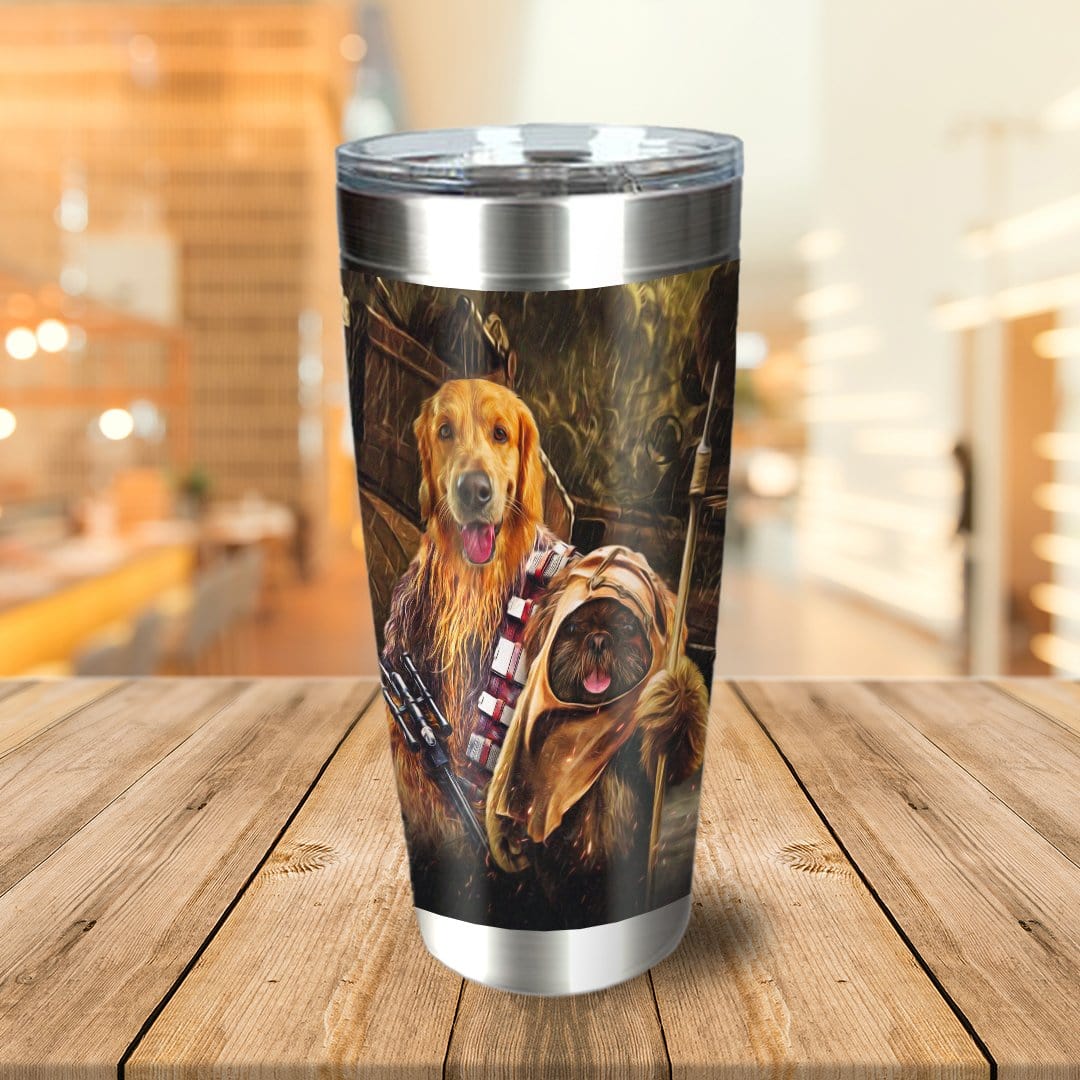Personalized stainless steel tumbler with custom dog portraits in a Viking-themed, Chewbacca and Ewok style.