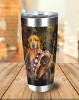 Personalized stainless steel tumbler with custom dog portraits in a Viking-themed, Chewbacca and Ewok style.