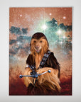 Personalized "Chewdogga" dog poster featuring a furry pet in a sci-fi costume against a starry galaxy background.