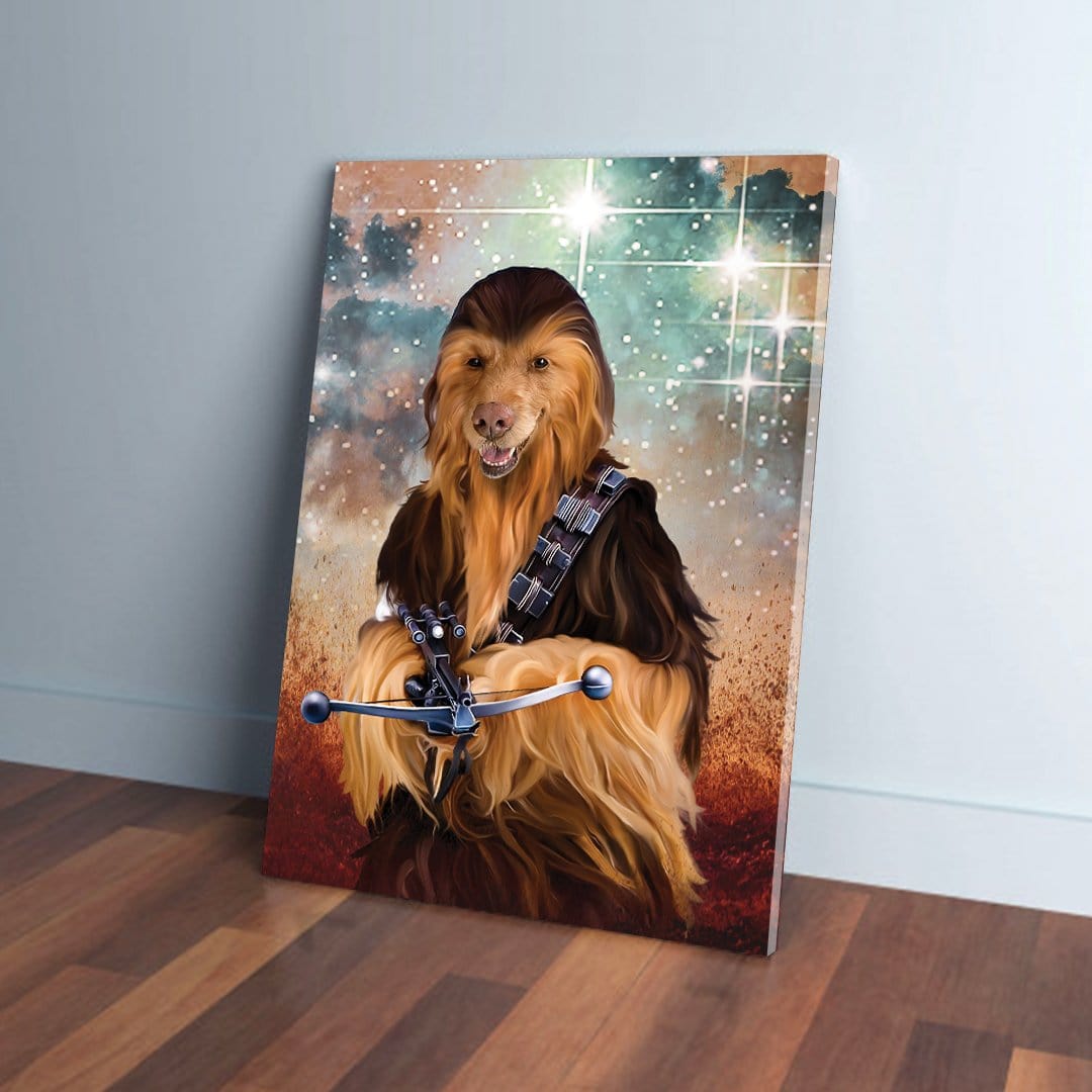 Personalized 'Chewdogga' pet canvas featuring a dog dressed as Chewbacca with a crossbow, leaning on a wooden floor.