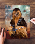 Personalized pet puzzle featuring a dog as Chewbacca, with a hand placing a piece.