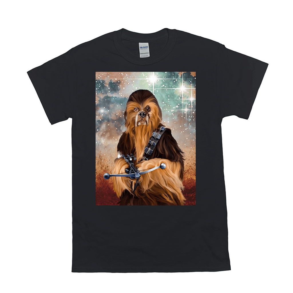 Black Gildan unisex t-shirt featuring a personalized pet portrait of a dog dressed as Chewbacca with a starry background.