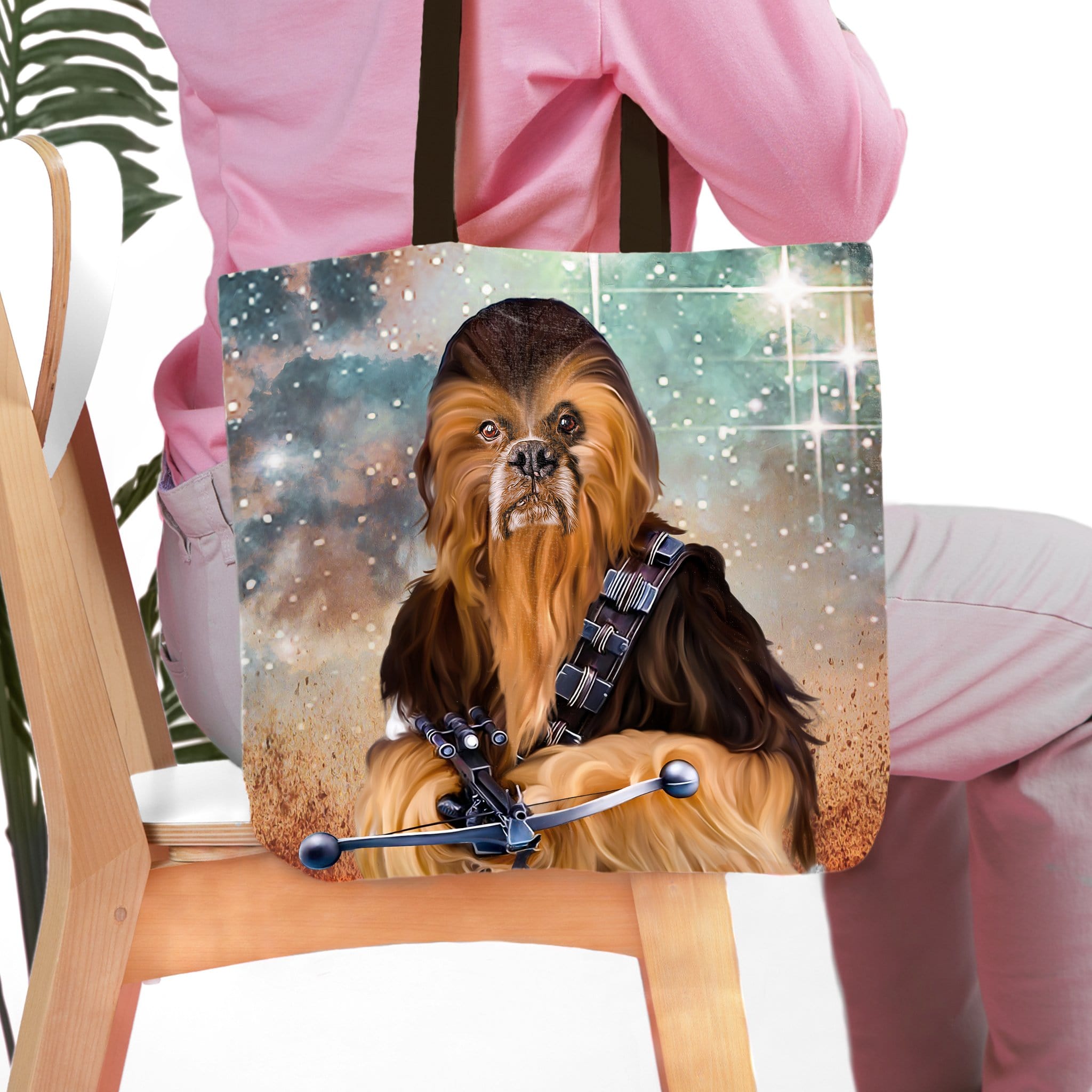 Personalized Chewbacca-style dog portrait tote bag with a space background.