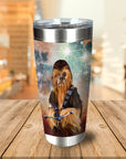 Personalized stainless steel tumbler with a custom Chewbacca-style dog portrait on a galaxy background.