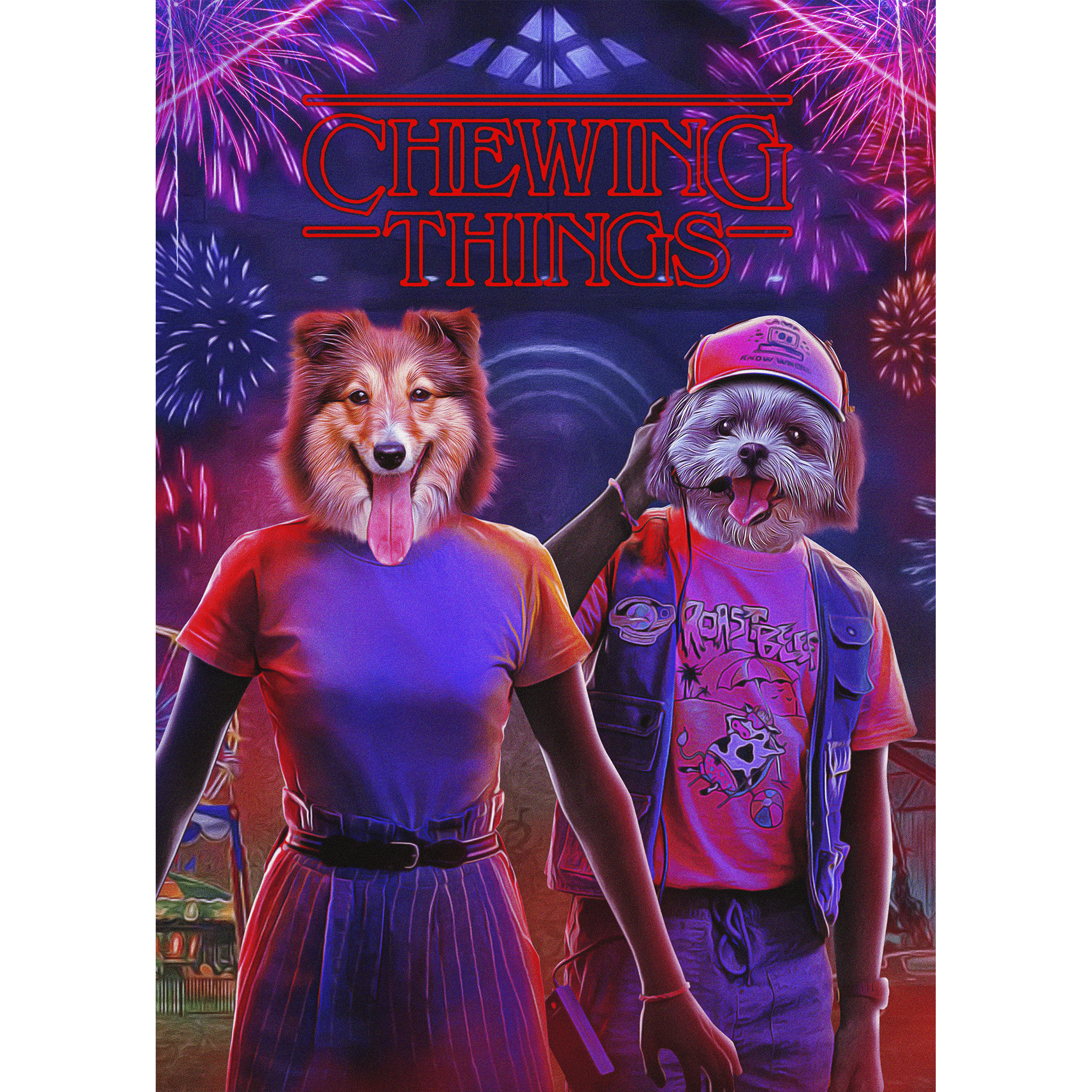 Custom digital portrait of two pets with dog heads on human bodies, "Chewing Things" title, fireworks background.