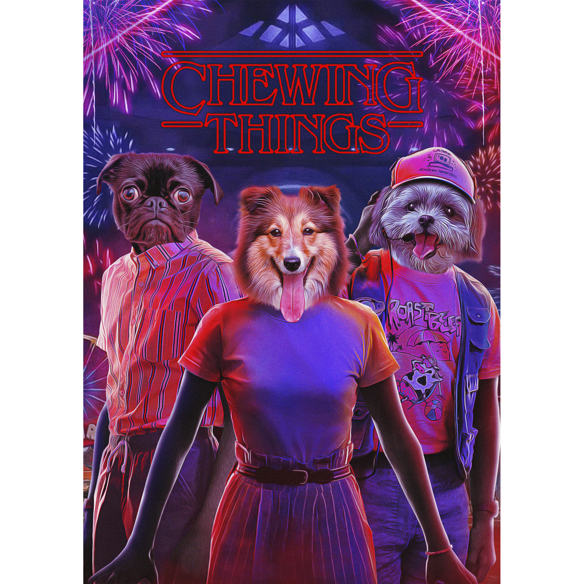 Custom digital portrait featuring three pets with dog heads on human bodies, styled like a movie poster.