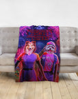 Custom personalized pet portrait blanket featuring two dogs in a "Chewing Things" design with fireworks.