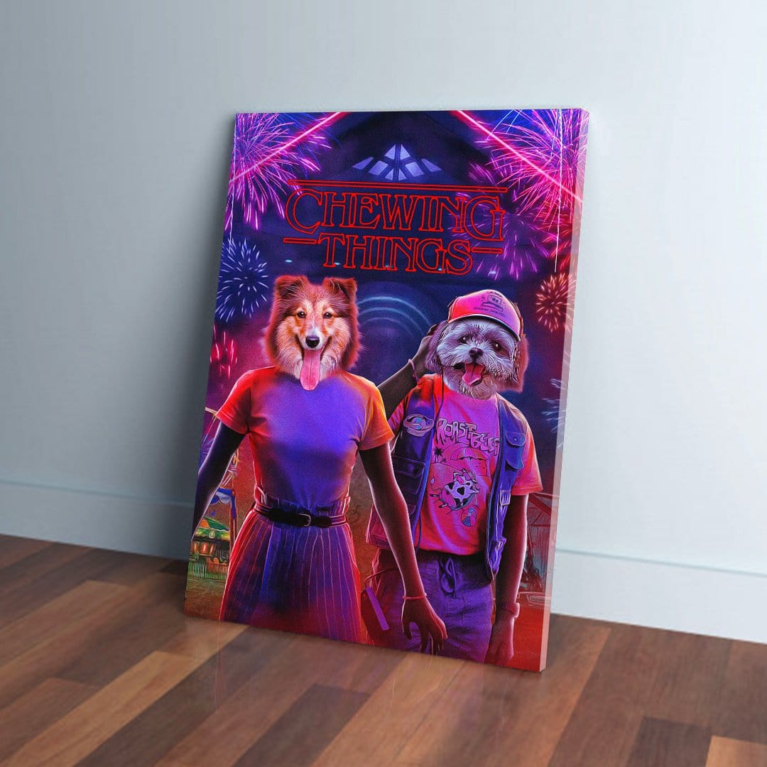 Personalized 2 pet canvas featuring dogs in "Chewing Things" retro-style art with neon lights and fireworks.