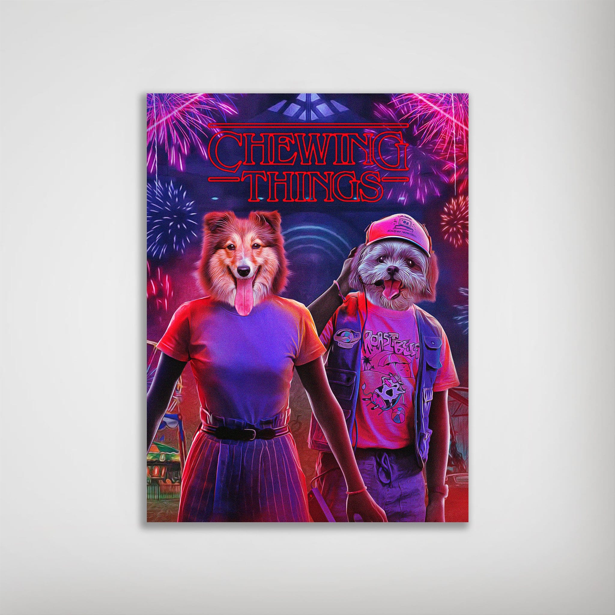 Personalized "Chewing Things" poster featuring two dogs with human bodies, vibrant fireworks, and a matte finish.
