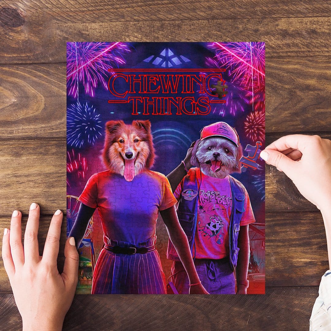 Personalized 2 pet puzzle featuring dogs in a "Chewing Things" themed portrait with fireworks.