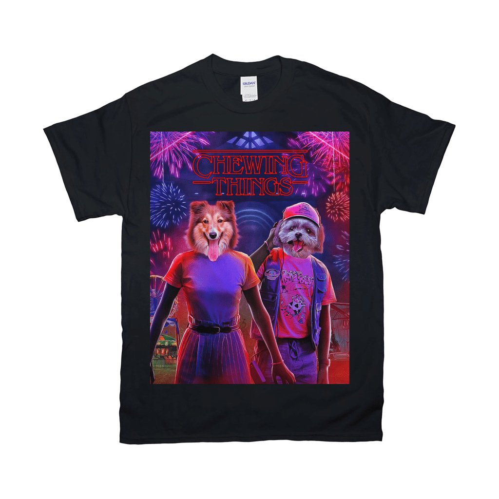 Black Gildan t-shirt with "Chewing Things" graphic featuring two pets with human bodies and fireworks.